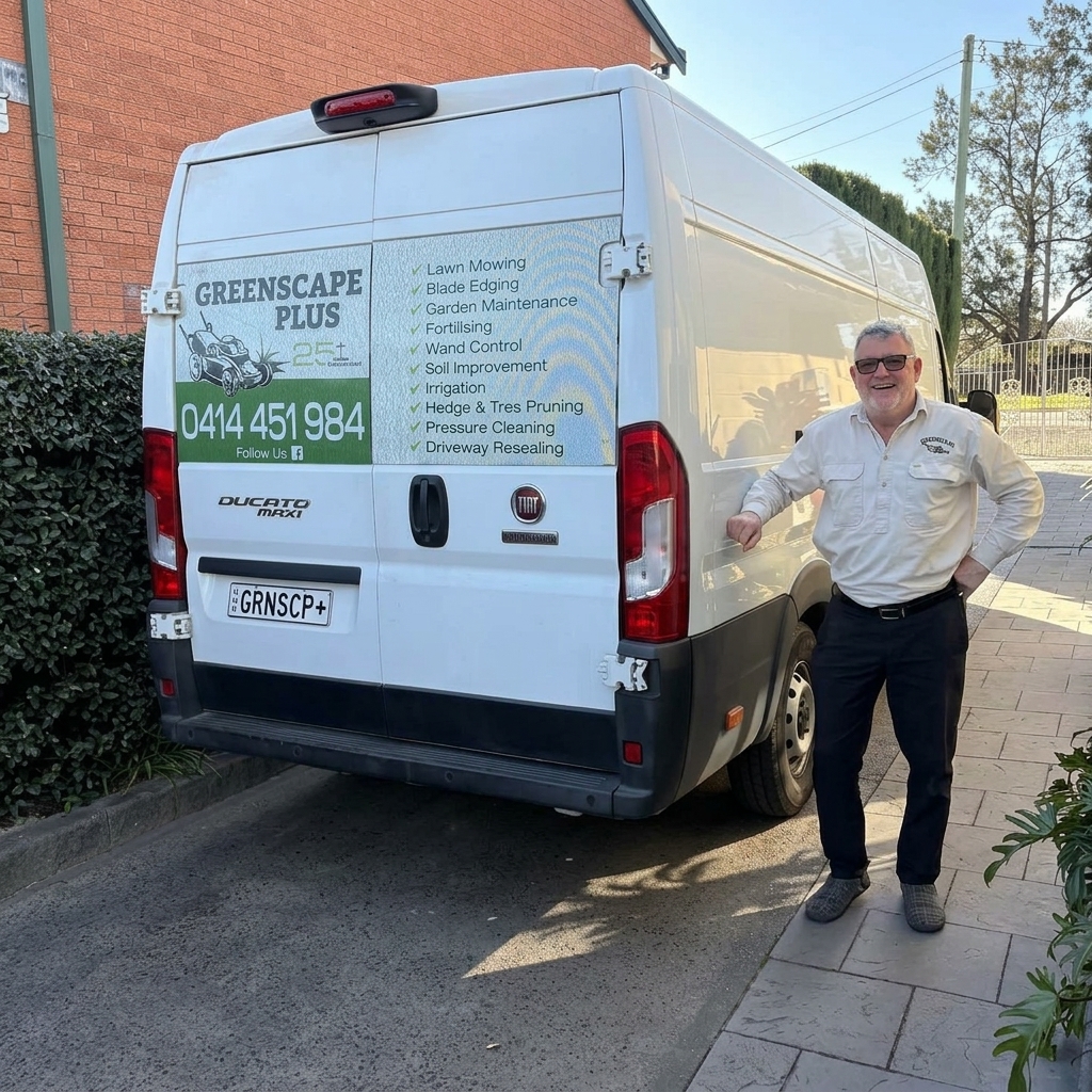 Greenscape Plus work van parked on site with owner Laurie standing alongside it